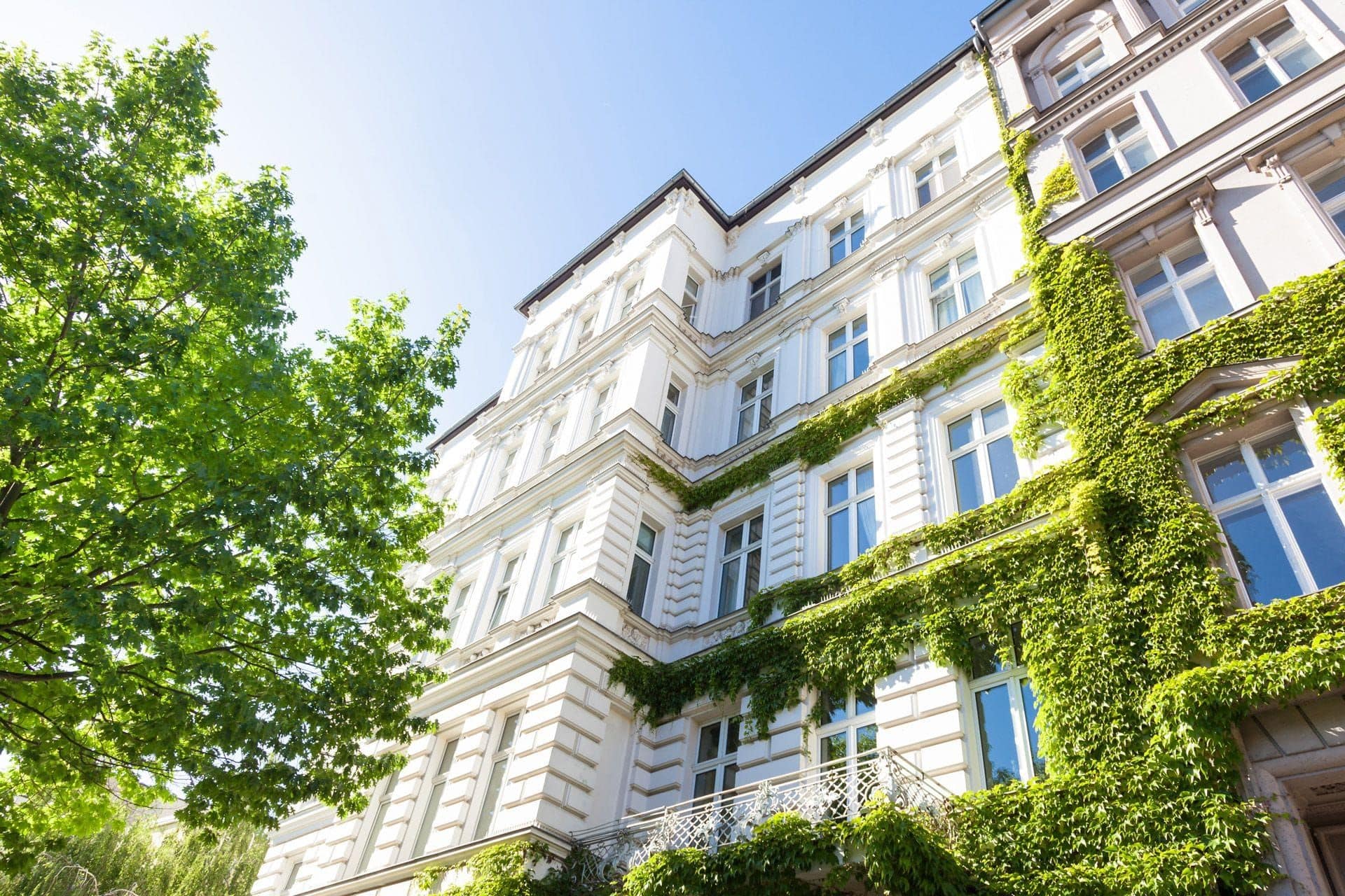 Helles Wohnhaus mit Satteldach und begrüntem Vorgarten